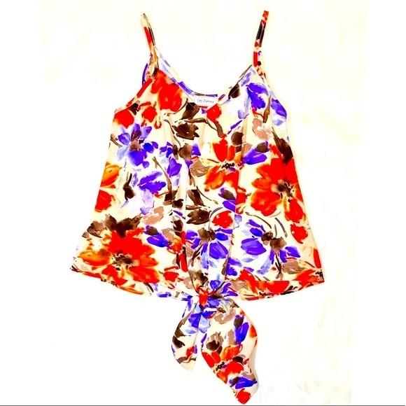 Ces Femme Tops - Tie Front Top Tank Floral Print V-neck Pat…